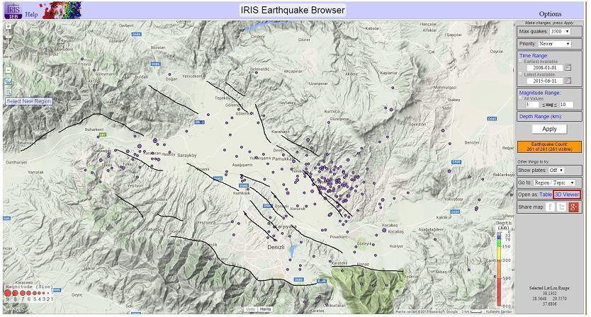 Şekil 15: Denizli Havzasında 1900-2008 yılları arasında meydana gelen deprem episantır noktaları (www. sayisalgrafik.