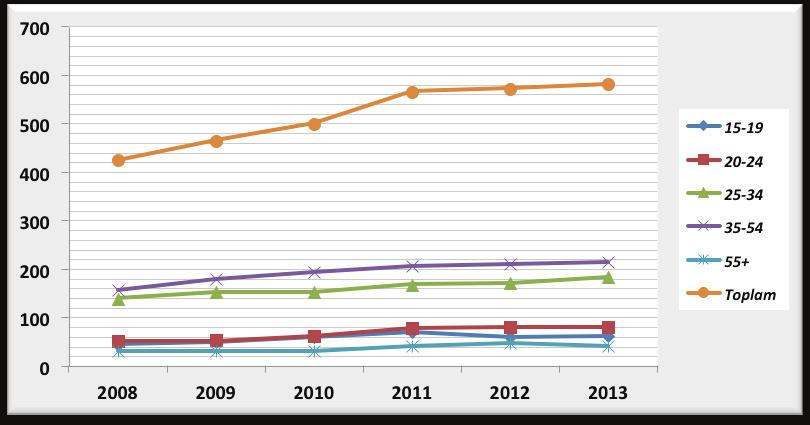 TRB2 Bölgesi'nde toplam işgücü oranlarında 2008 yılından 2013 yılına kadar, okuma yazma bilmeyen eğitim düzeyinde % 60, lise ve altı eğitim düzeyinde % 45 artış, lise ve dengi meslek okulu düzeyinde