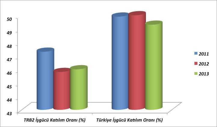 2011-2013 yıllarında TRB2 Bölgesi ve Türkiye genelinde toplam işgücü oranı ve yıllar arasındaki Tablo 13 : 2013 Yılı Düzey2 Bölgeleri İşgücüne Katılım Oranı (%) değişimi aşağıdaki tabloda