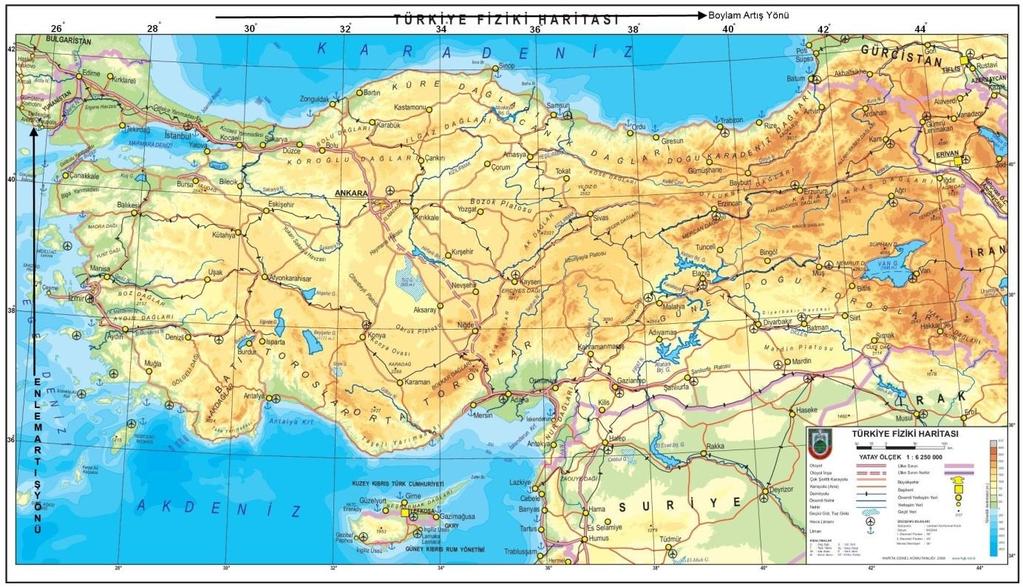 Şekil 59 Türkiye sınırları içindeki enlem ve boylam değerleri Türkiye 36 ile 42 paralelleri, 26 ile 45 meridyenleri arasında kalmaktadır.