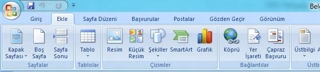 Örneğin: Ekle sekmesinde: Sayfa, tablo, resim, grafik,