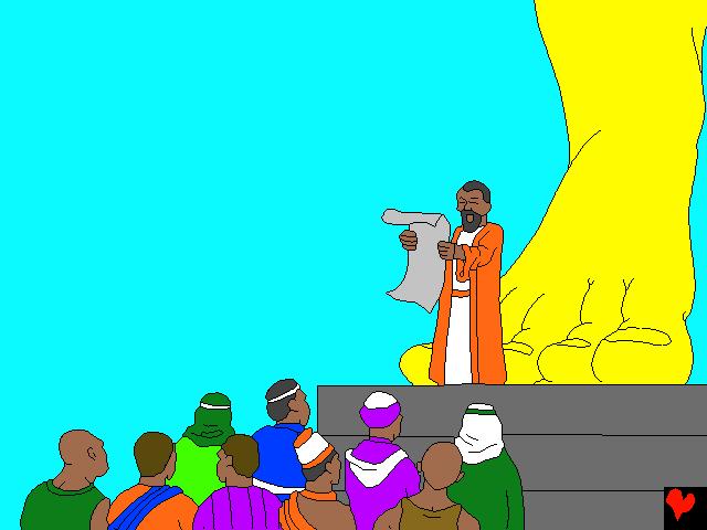 Kralın görevlilerinden biri buyruğu tüm halka okudu: yere kapanacaksınız ve altın heykele
