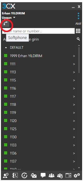 3CX SOFT PHONE V15 KULLANIMI 1. konumunda iken Softphone konumunda olur. (PC nize Kulaklık takarak kullanabilirsiniz.) Not: Diğer isimler resimde gösterilmemiştir. 2.