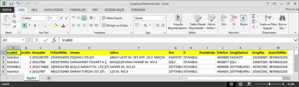 Yeni İşyeri Aktarma Örnek Excel dosyası aşağıdaki gibi olmalıdır.