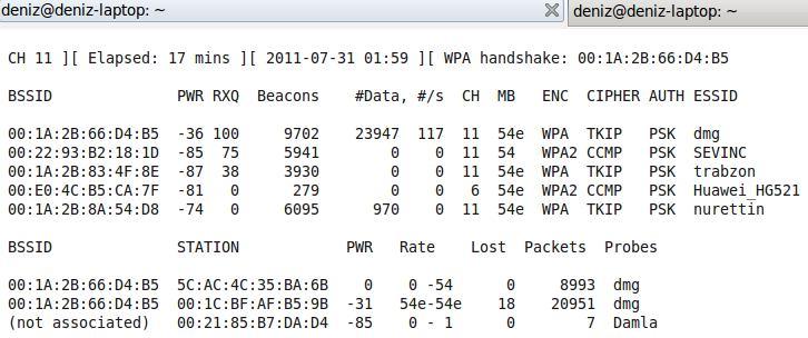 112 Şekil 4. 4. Airodump Komutu ile Belirlenen AP den paket toplama -c --> channel -b --> BSSID -w write anlamına gelir. Burda psk ise paketlerin toplanacağı dosyadır. Şekil 4. 5.