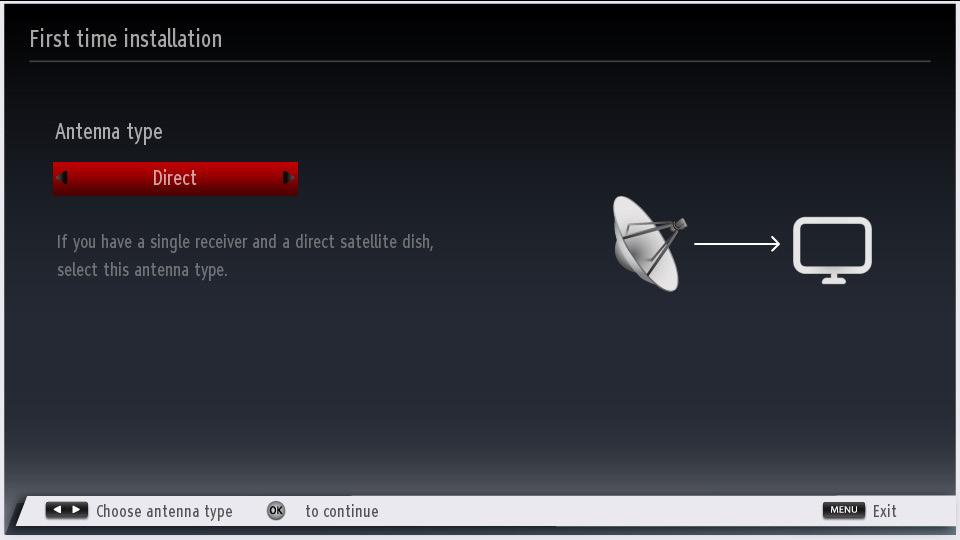 Direct: If you have a single receiver and a direct satellite dish, select this antenna type. After selecting Direct, another menu screen will be displayed.