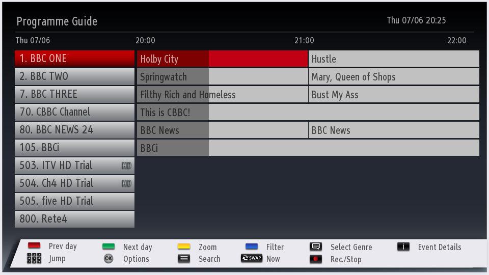 Electronic Programme Guide (EPG) Some, but not all channels send information about the current and next programmes. Press the GUIDE button to view the EPG menu. Up/Down/Left/Right: Navigate EPG.