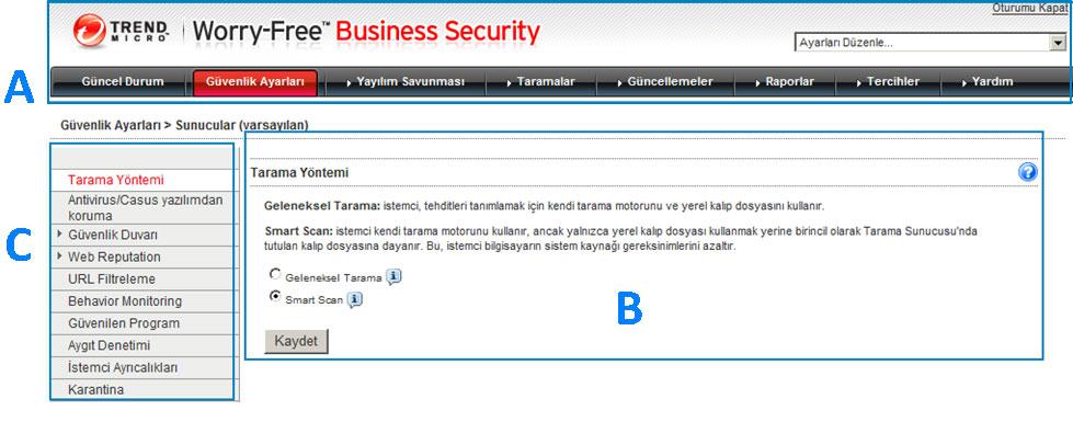 Worry-Free Business Security 9.5 Yönetici Kılavuzu Bölüm Açıklama A. Ana menü Web konsolunun üst kısmında ana menü bulunmaktadır.