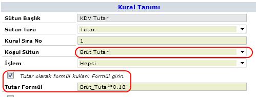 KDV sütunu kural tanımı alanında; Sütun Türü : Tutar Kural Sıra Numarası : 1 Koşul Sütun : KDV TUTAR İşlem : Hepsi Hesap Belirleme : Sabit Hesap : 191.