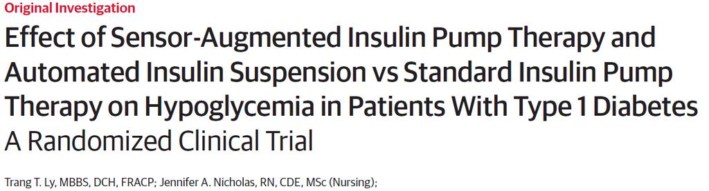 Effect of sensor-augmented insulin pump therapy and automated insulin suspension vs standard insulin