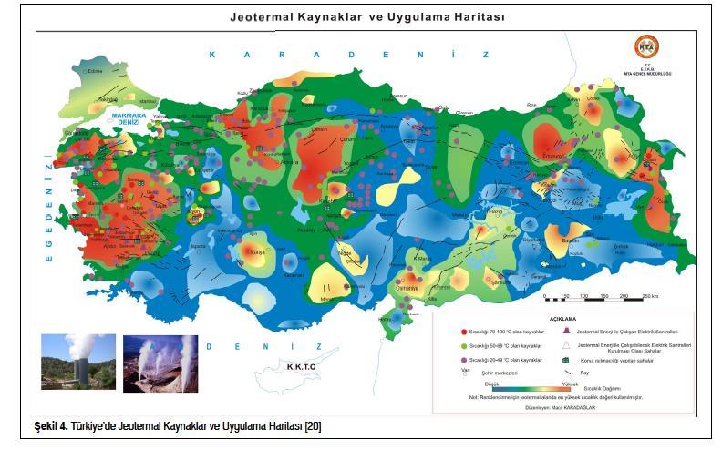 8 akışkan sıcaklığına sahiptir. Şekil 3 de jeotermal kaynaklar ve uygulama haritası verilmektedir (Özdemir, 2012). Şekil Jeotermal kaynaklar ve uygulama haritası (Özdemir, 2012).