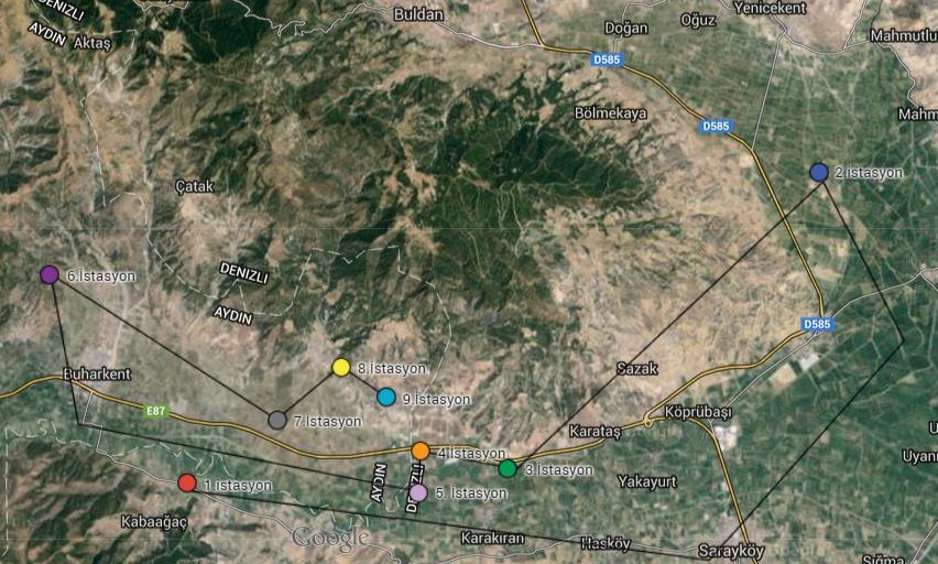 47 Şekil Aydın Buharkent güzergahı yol haritası (Google Maps, 18.06.2015) Toprak numuneleri için Aydın- Buharkent çevresinden 9 istasyon meyve numuneleri için ise 5 istasyon belirlenmiştir.
