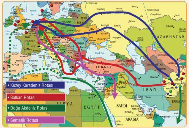 Bağımlılık Yapıcı Maddeler ve Bağımlılık ile Mücadele 2006 Yılı Ulusal Raporu Şekil 1: Uyuşturucu Rotaları Nitekim Jandarma Genel Komutanlığı tarafından elde edilen istihbari bilgilerin