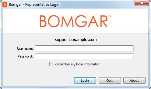 Bomgar Connect Destek Teknisyeni Konsoluna Oturum Açma Bomgar destek teknisyeni konsolunu yükledikten sonra yükleme sırasında tanımlanan dizin konumundan başlatın.