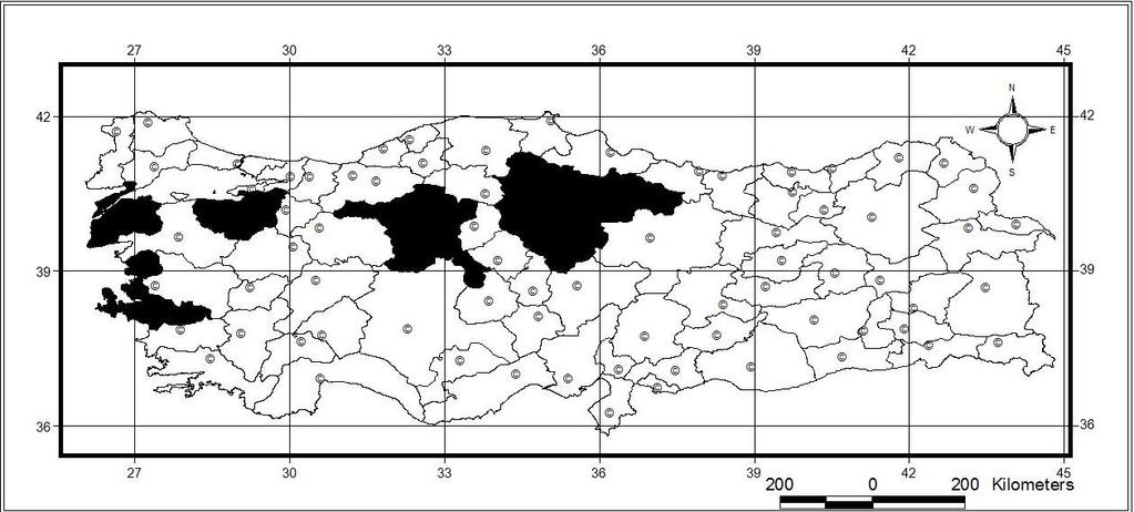 101 susheriense Breuning, 1970 Türkiye nin orta kısımlarında (Sivas İlinde) yayılış göstermektedir. Harita 5.30.