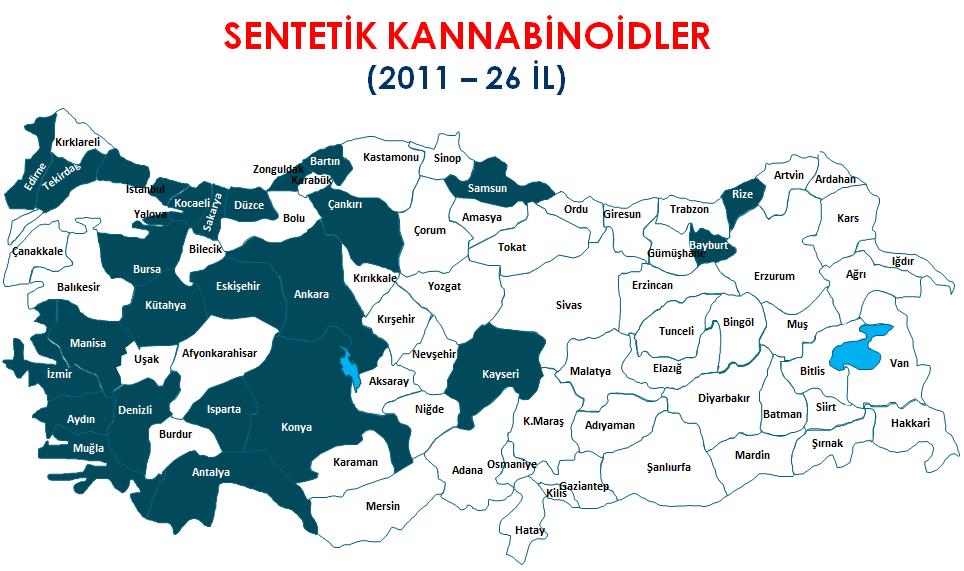 Sentetik kannabinoidler, ilk olarak 2011 yılında Türkiye de 26 farklı ilimizde yakalanmışken, bu sayı 2012 yılında