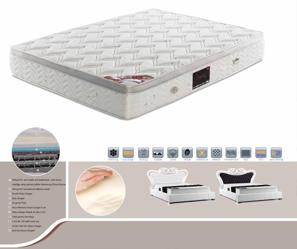 Elegance CRD 1008 * 1 m2 de 150 adet bonel yay kullanılarak yatağınız daha konforlu bir hale getirilmiştir.