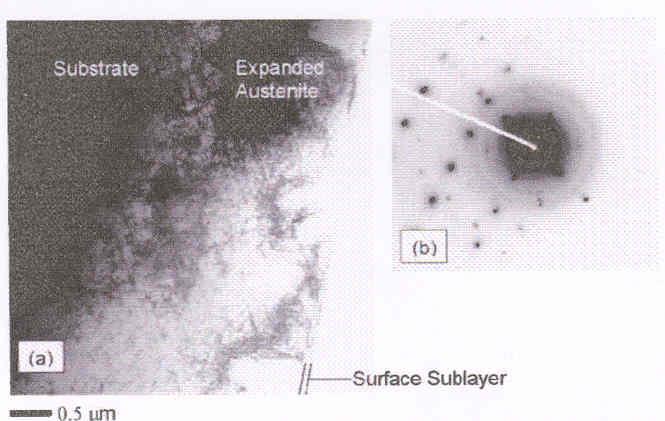 Şekil 1. a) Plazma nitrürlenmiş bir östenitik paslanmaz çeliğin TEM fotoğrafı b) a da gösterilen dış alt tabakanın içinde bulunan bir bölgeden alınan SEM fotoğrafı.