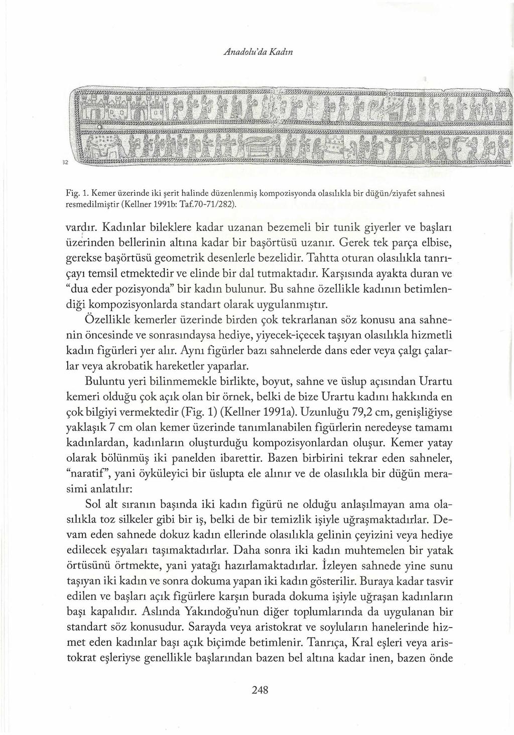 Anadolu'da Kadın Fig. 1. Kemer üzerinde iki şerit halinde düzenlenmiş kompozisyonda olasılıkla bir düğünlziyafet sahnesi resmedilmiştir (Kellner 1991b: Taf.70-71/282). vardır.