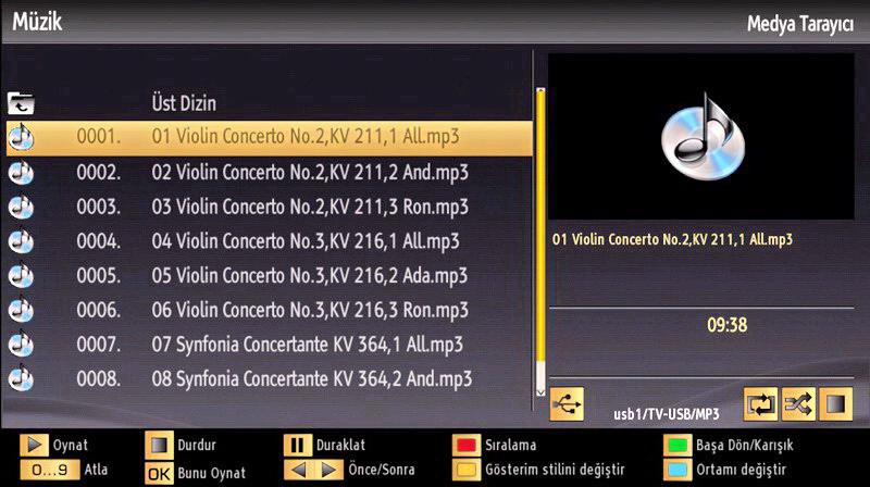 USB Üzerinden Müzik Çalma Ana seçeneklerden Müzik seçtiğinizde, mevcut ses dosyaları bu ekranda listelenecektir.