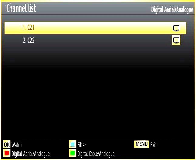 OK: Watch selected. MENU: Exits. RED: Lists only digital aerial and analogue broadcasts. GREEN: Lists only digital cable and analogue broadcasts. Blue button (Filter): Views filtering options.