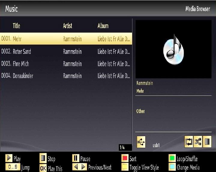 Pause ( button): Pauses the selected playback. RED: Sorts files. Loop/Shuffle (Green button): Press once to disable Loop. Press again to disable both Loop and Shuffle.