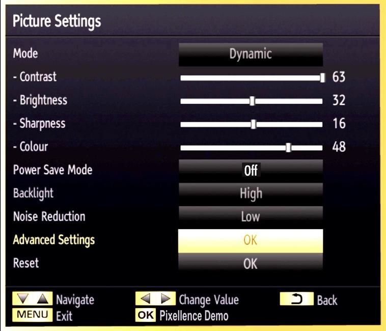 Picture Settings Menu Items Mode: For your viewing requirements, you can set the related mode option. Picture mode can be set to one of these options: Cinema, Game, Dynamic and Natural.