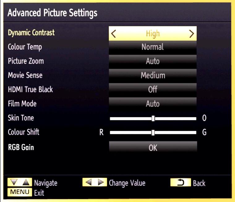 Colour: Sets the colour value, adjusting the colors. Power Save Mode: Use or button to select Power Save Mode. Press or button to set Power Save Mode as Eco, Picture Off and Disabled.