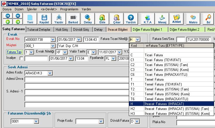 E-İhracat faturasının düzenlenmesi. Fatura tipi "1" olmalı. Fatura ticari niteliği "H" başlayanlardan birisi seçilmeli.