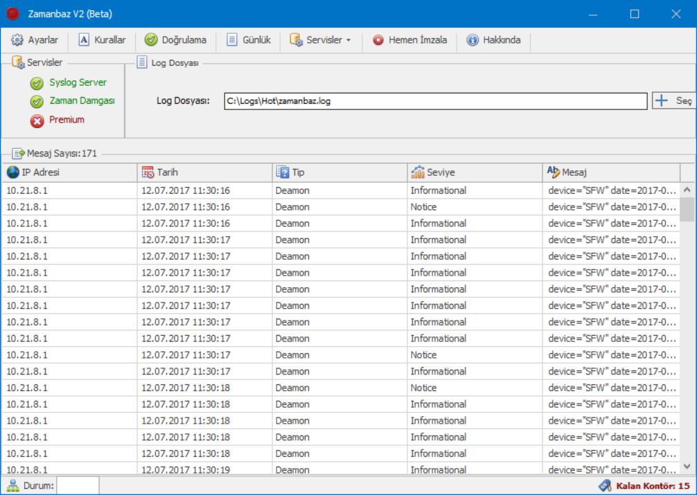 3.2. Zamanbaz Kullanımı Zamanbaz ilk kurulumdan itibaren belirtilen kaynaktan Syslog günlüklerini dinlemeye başlar. 3.2.1. Ana Pencere Ana pencere 4 bölümden oluşmaktadır. 1.