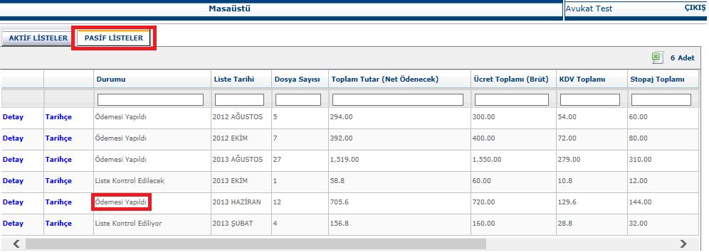 Uz Muhasebe bölümü tarafından listenin ödemesi yapıldığında, ilgili liste büronun PASİF LİSTELER ekranında Ödemesi Yapıldı durumuna geçer.