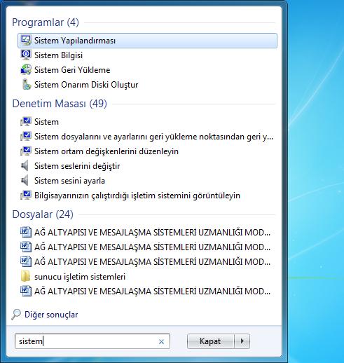 Aşağıdaki resimlerde de görüldüğü gibi başlat menüsündeki arama bölümüne bir şeyler yazdığımızda, Windows 7 bizim için içinde o kelimenin geçtiği tüm belge, program yâda araçların listesini