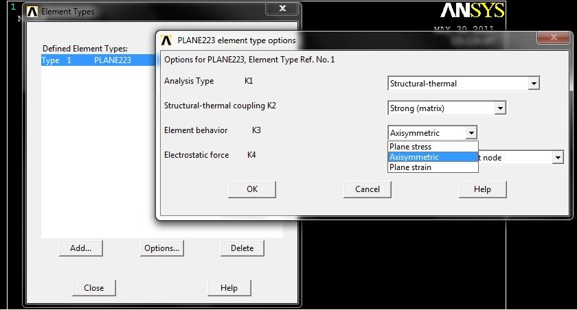 Axisymetric (dönel simetrik) Özelliği Atanması Main Menu > Preprocessor >Element Type>Add/Edit/Delete