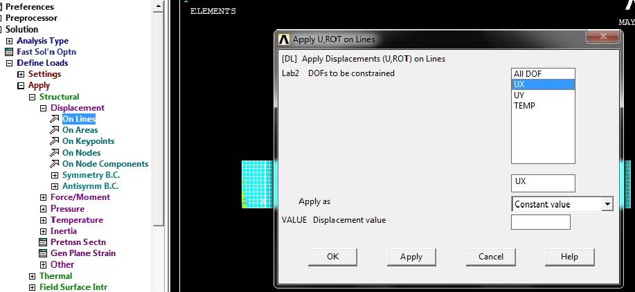 1.2.2 X YÖNÜNDE ANKASTRE Main Menu > Preprocessor> Solution>Define Loads>Structural>Displacement>On Lines komutuyla ankastre