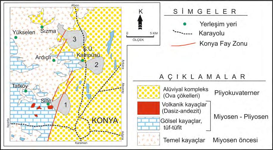 Sızma Sille (Konya) Arasında Gelişen Pliyosen Kuvaterner Yaşlı 109 İnceleme alanının 1/25.000 ölçekli haritası daha önceki çalışmalardan derlenmiş olup (Eren, 1996, Özkan, 1998).