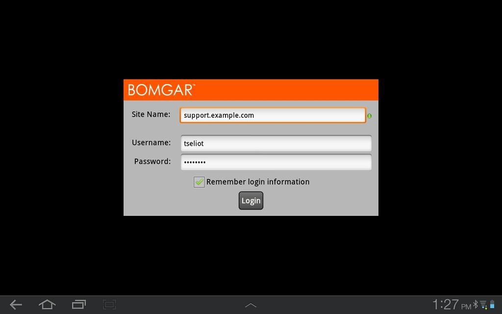 Android için Connect Destek Teknisyeni Konsolunda Oturum Açma Oturum açma ekranında, Bomgar sitenizin ana bilgisayar adını, example.bomgarconnect.com örneğindeki gibi girin.