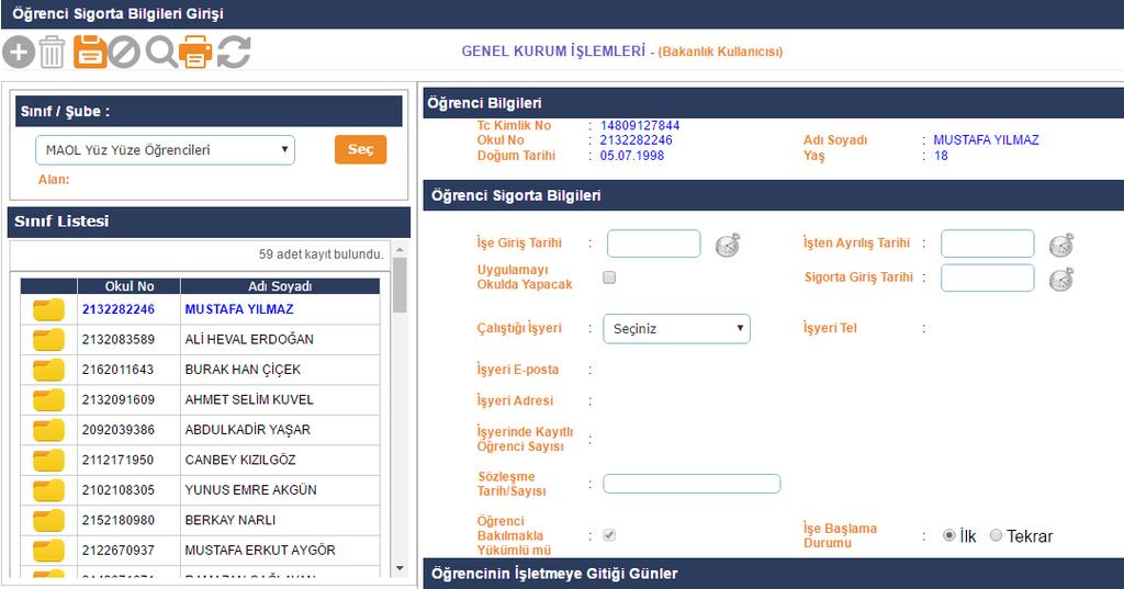 9. Adım; Öğrenci İşletme Günlük Devamsızlık Girişi ekranından öğrencinin işletmede yaptığı devamsızlık günleri