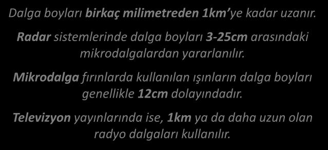 RADYO DALGALARI RADYO DALGALARI Dalga boyları birkaç milimetreden 1km ye kadar uzanır. Radar sistemlerinde dalga boyları 3-25cm arasındaki mikrodalgalardan yararlanılır.