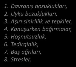 Mide bulantısı, 8. Baş ağrısı, 9. Göz bebeklerinde büyüme 10.İktidarsızlık, 1. Davranış bozuklukları, 2. Uyku bozuklukları, 3.