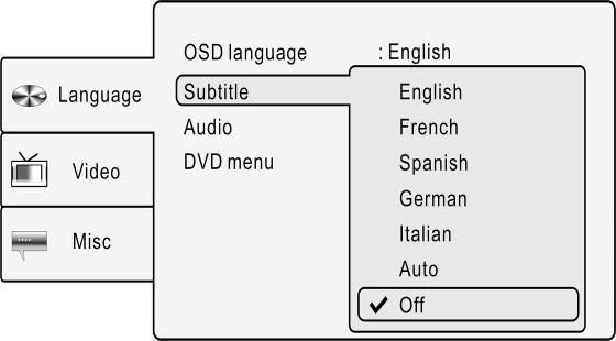 2. Subtitle (Alt Yazı) Altyazı dilini ayarlamak için bu seçeneği seçin.