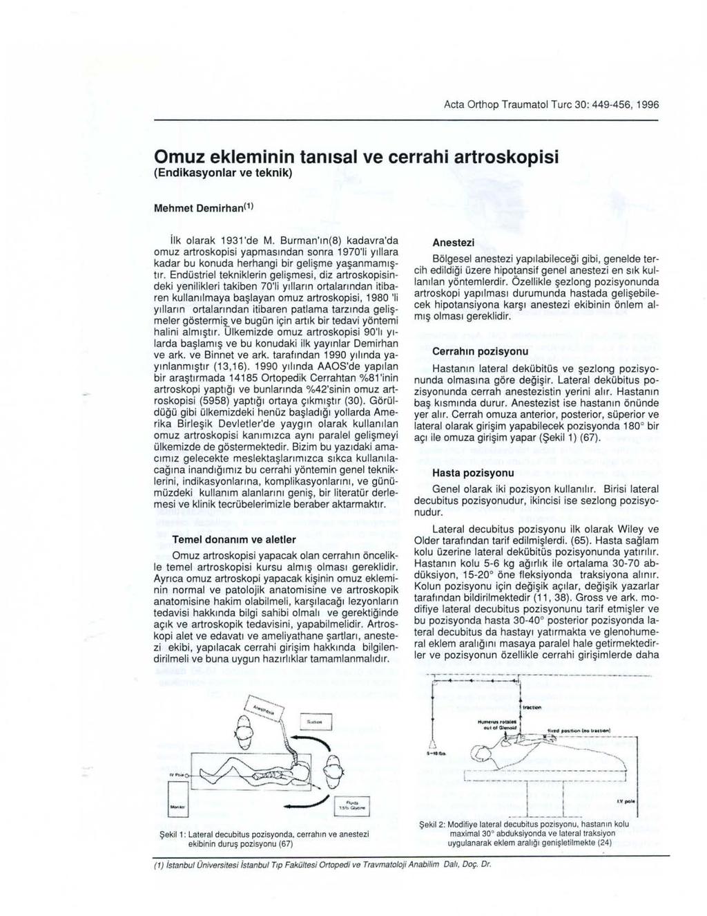 Acta Orthop Traumatol Turc 30: 449-456, 1996 Omuz ekleminin tanısal ve cerrahi artroskopisi (Endikasyonlar ve teknik) Mehmet Demirhan(1) ilk olarak 1931 'de M.