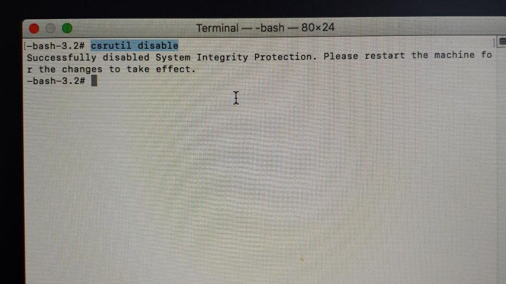 2. Terminal açıldıktan sonra [bash-3.2# yazan yerin hemen sağ tarafına csrutil disable yazılarak Enter tuşuna basılır. Enter tuşuna bastıktan sonra aşağıdaki ekran mesajı çıkacaktır. 3.