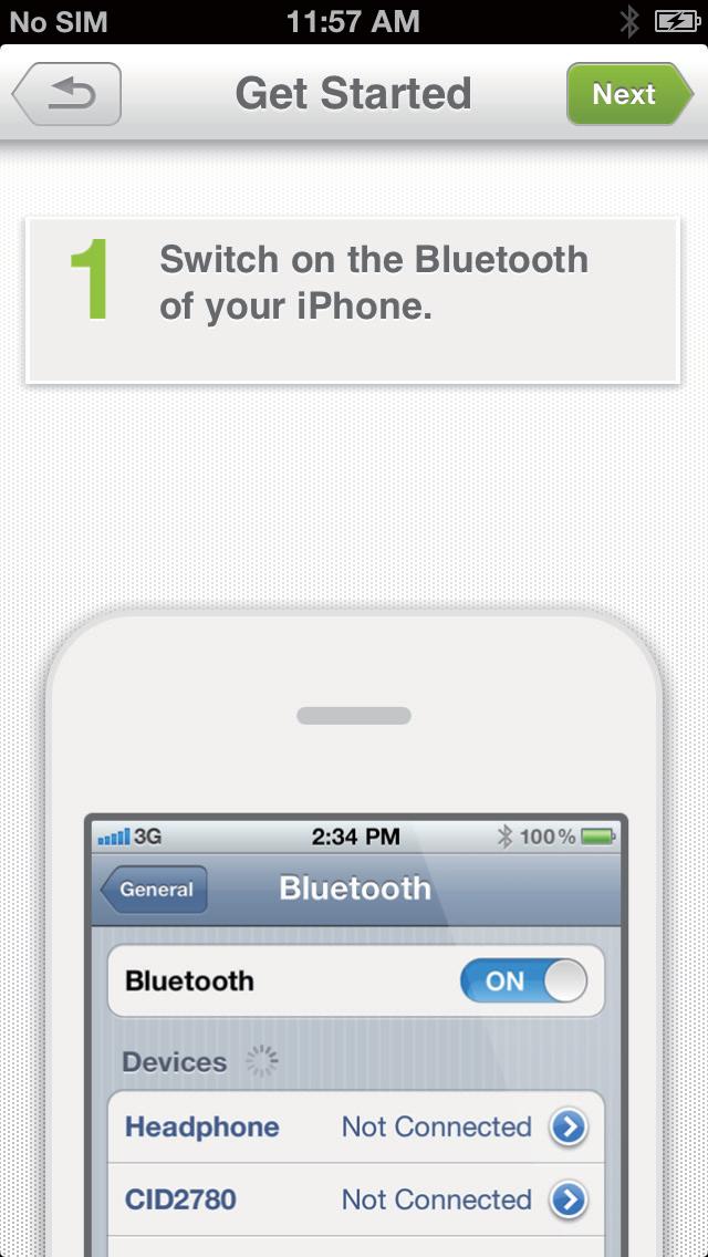 Not Kurulumdan önce, iphone 4S/iPhone 5/Yeni ipad'inizde Bluetooth'u etkinleştirdiğinizden ve InRange cihazı üzerindeki güç göstergesinin sırayla kırmızı ve yeşil