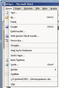 MS Word Giriş Ekranı Başlık Çubuğu : Ekranı kaplayan biçimde yerleştirilmiş belgenin adı, çalışan programın adı, pencere yönetim araçları(simge durumuna küçült, Ekranı kapla/önceki boyut, Kapat) yer