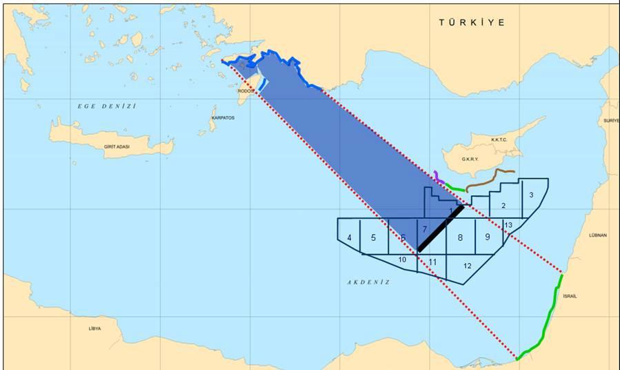 kısmı ve 1, 7 ve 10 un bir kısmı İsrail in olurken, Türkiye de Kıbrıs ın güneyinde deniz yetki alanlarına sahip olabilecektir 329.