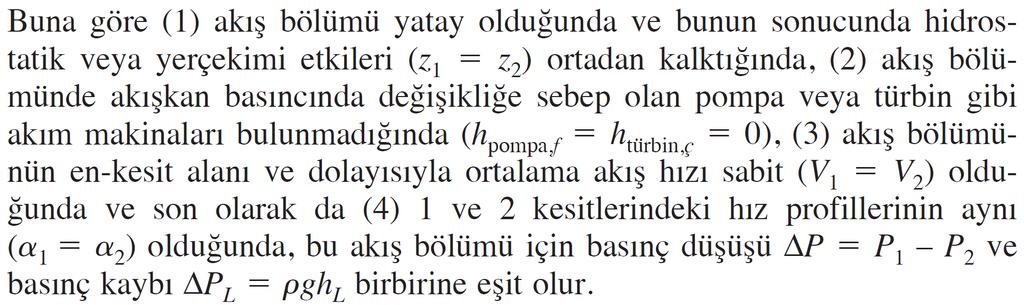 Yatay borularda basınç düşüşü P, basınç düşüşü basınç kaybı P L ye eşittir.