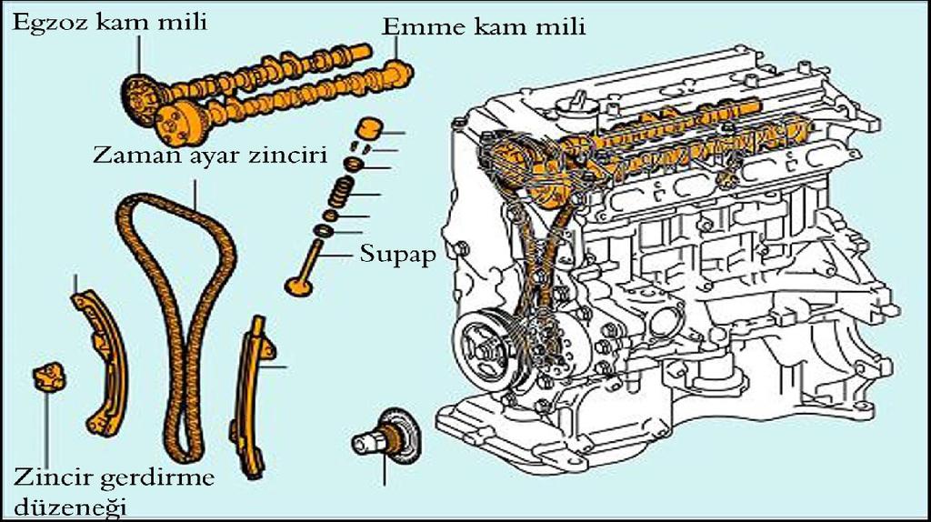1.4.9. Supaplar Şekil 1.65: Kam mili Emme ve egzoz olmak üzere iki çeşittir. Silindir içerisine benzin hava karışımı girişini ve yanmış gazların dışarıya atılmalarını sağlar. 1.5. Motor Terimleri 1.5.1. Motorun Tanımı Isı enerjisini mekanik enerjiye çeviren makinelere motor denir.