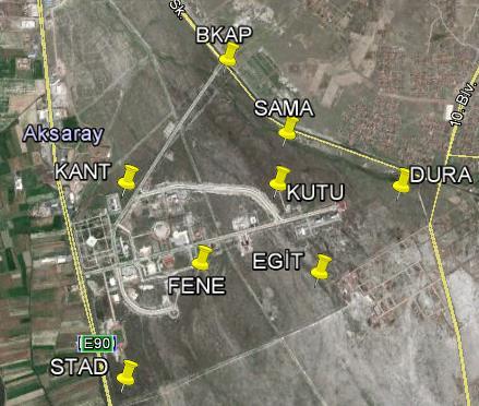 Şekil 5.4: Aksaray Üniversitesi Kampüs Alanı. Tüm noktaların zemin tesisi pilye şeklindedir. Ölçmelerde 11 adet GNSS alıcısı kullanılmıştır. GNSS alıcı ve anten tipleri Çizelge 5.1 de verilmiştir.