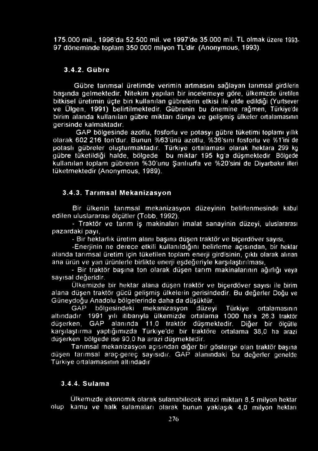 Gübrenin bu önemine rağmen, Türkiye'de birim alanda kullanılan gübre miktarı dünya ve gelişmiş ülkeler ortalamasının gerisinde kalmaktadır.