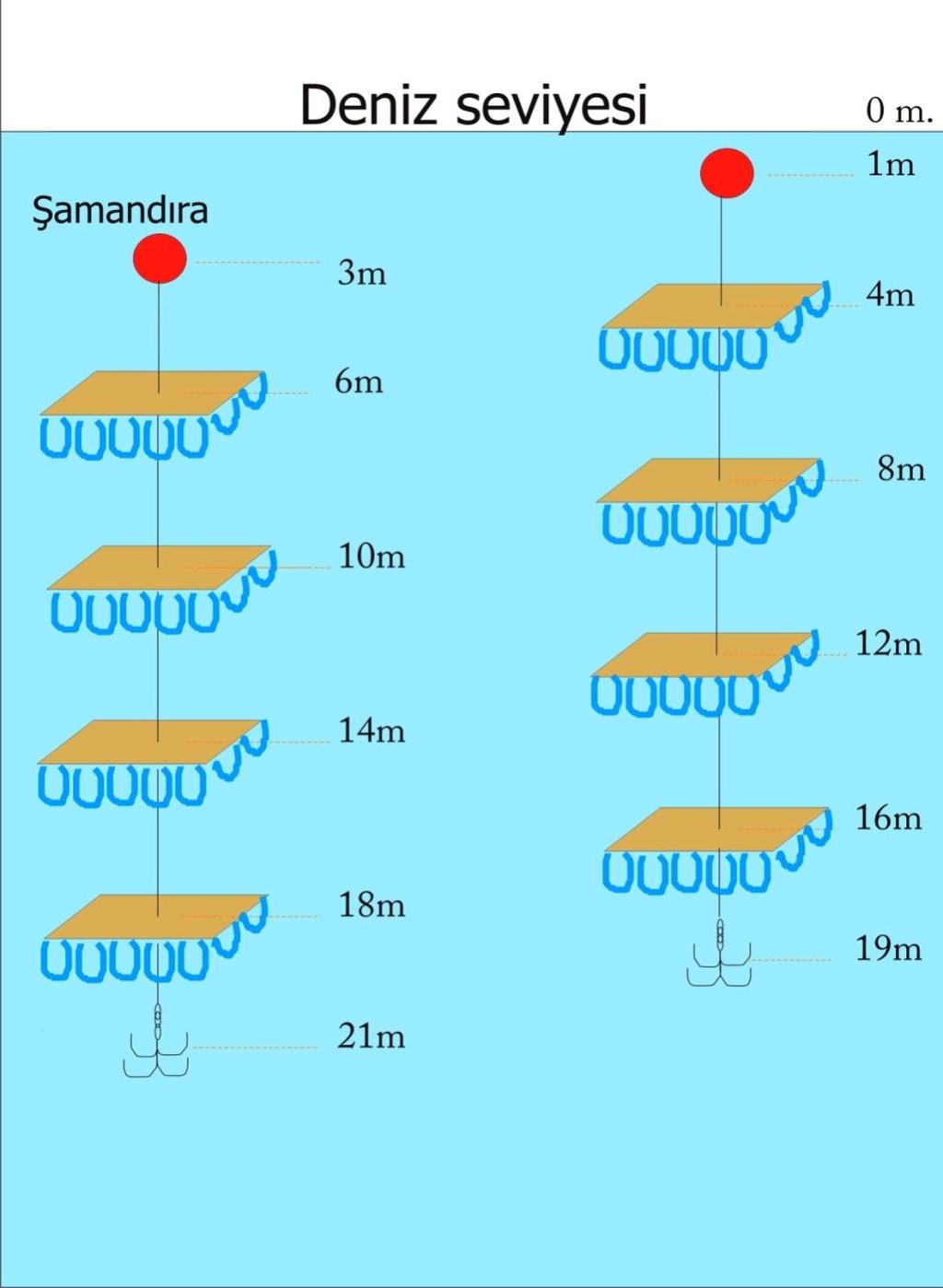 Şekil 2: Su altında kolektörlerin birbirlerine göre yerleştiriliş şekli İki sistem de tamamen şamandıralarıyla birlikte seyir güvenliğini etkilemeyecek şekilde en az 1m derinden başlamak koşuluyla